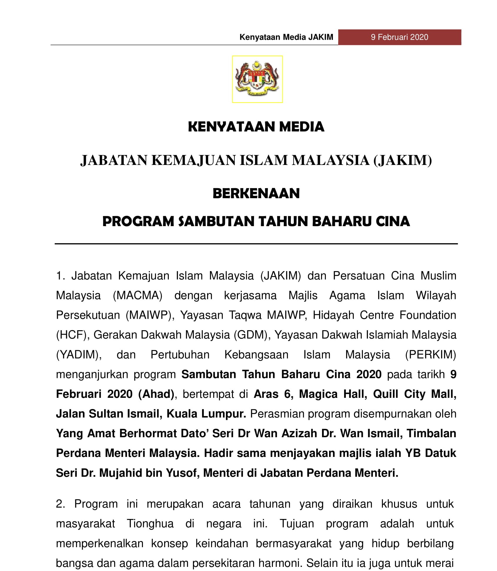 KENYATAAN MEDIA PROGRAM SAMBUTAN TAHUN BARU CINA 2020 1